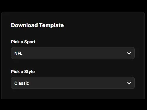 The DraftKings Download Template card, with Pick a Sport set to NFL and Pick a Style set to Classic.
