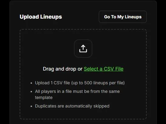 The DraftKings Upload Lineups screen, with a drag and drop area that takes a CSV file.
