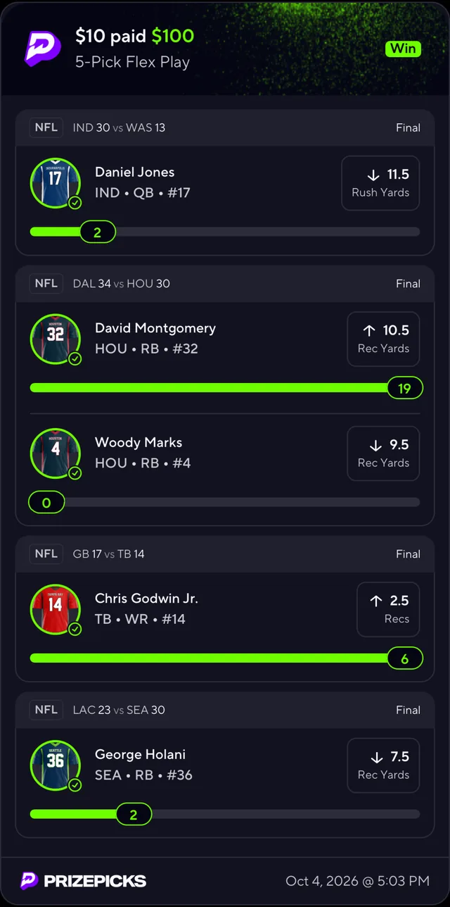 Pick'em entry slip, 5-Pick Flex Play, October 4, 2026: all five NFL picks hit, paid $100.